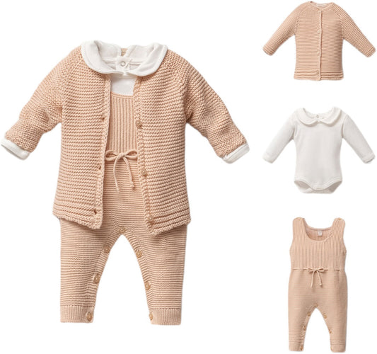 Conjunto de Punto Bebé Niña 3 Piezas Beige