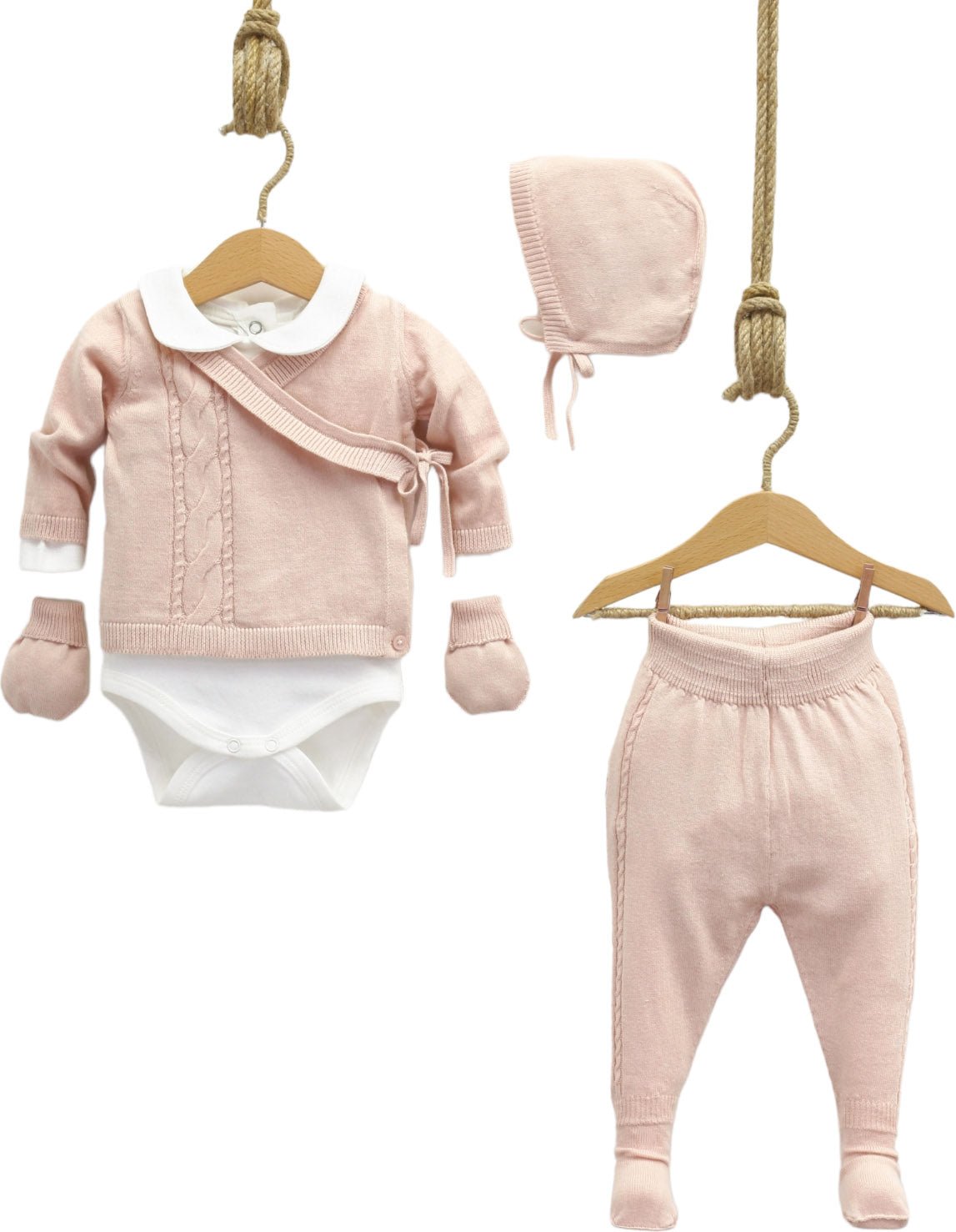 Conjunto de Punto Bebé Niña 5 Piezas Rosa polvo - Para regalos también - Baby's Organic Wardrobe