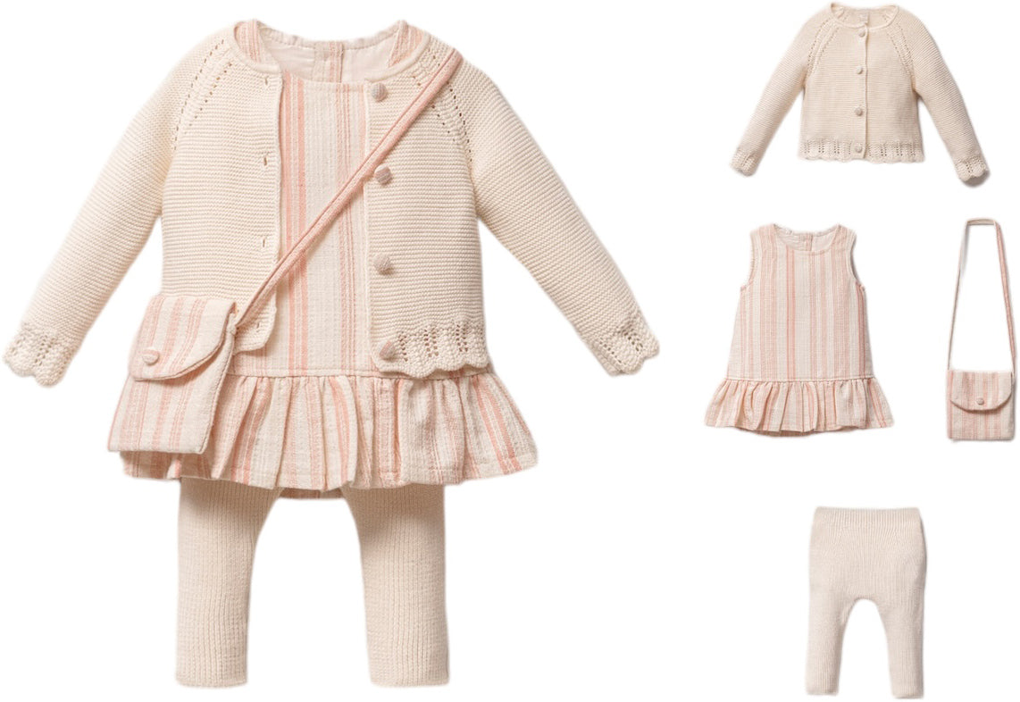 Conjunto de Punto Bebé Niña 4 Piezas Beige y Rosa