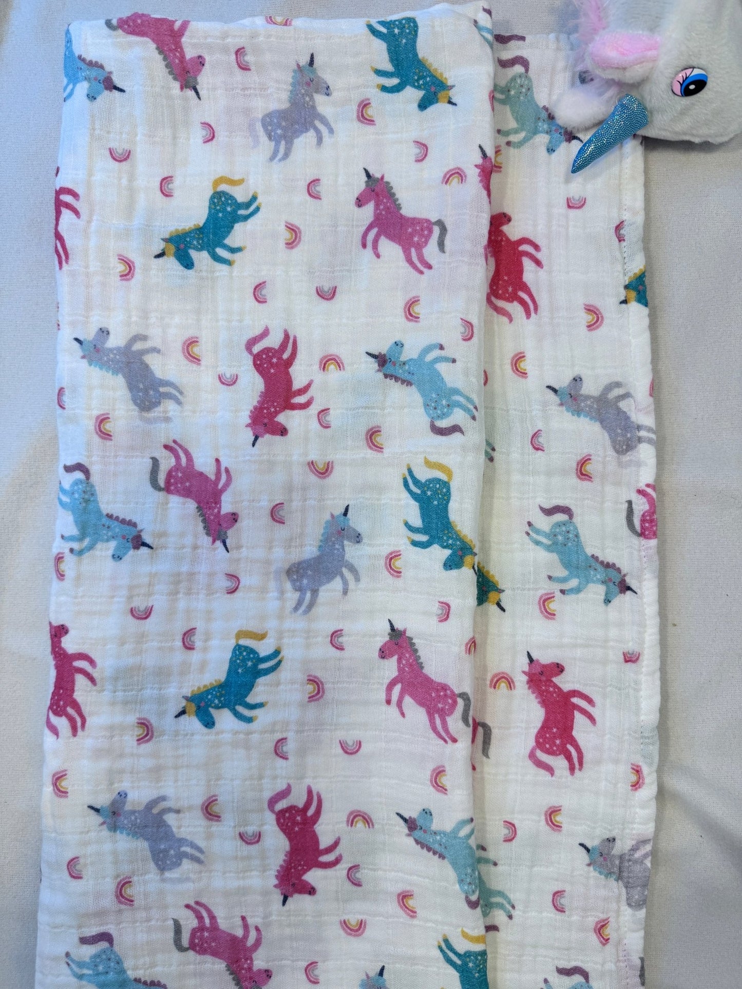 Manta Muselina de Algodón Orgánico con desiño Unicornio - 120 cm x 120 cm - Baby's Organic Wardrobe